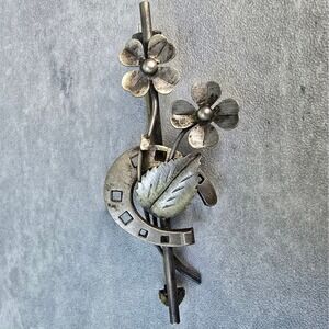 Antique Silver Horseshoe Flower Bar Brooch Lucky Good Luck Pin Tested Silver